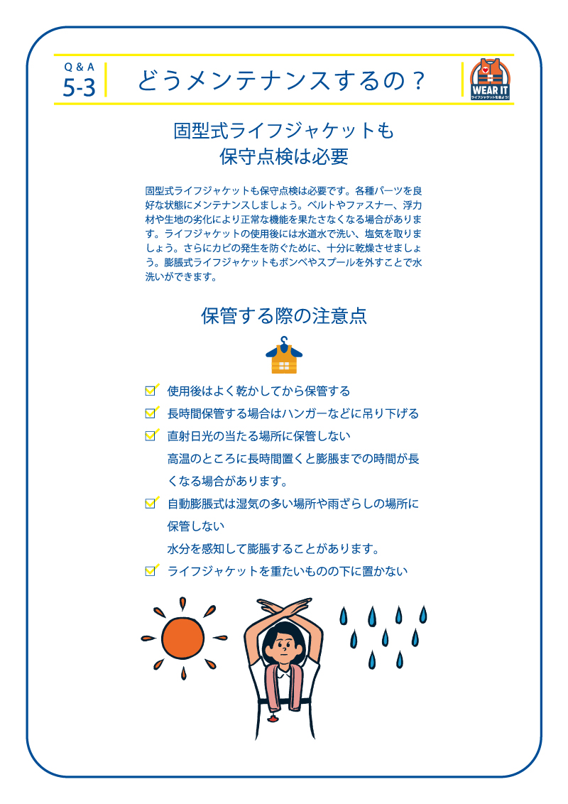 5-3 どうメンテナンスするの?固型式ライフジャケットも保守点検は必要 固型式ライフジャケットも保守点検は必要です。各種パーツを良好な状態にメンテナンスしましょう。ベルトやファスナー、浮力材や生地の劣化により正常な機能を果たさなくなる場合があります。ライフジャケットの使用後には水道水で洗い、塩気を取りましょう。さらにカビの発生を防ぐために、十分に乾燥させましょう。膨脹式ライフジャケットもボンベやスプールを外すことで水洗いができます。□使用後はよく乾かしてから保管する □長時間保管する場合はハンガーなどに吊り下げる □直射日光の当たる場所に保管しない高温のところに長時間置くと膨脹までの時間が長くなる場合があります。□自動膨脹式は湿気の多い場所や雨ざらしの場所に保管しない水分を感知して膨脹することがあります。 □ライフジャケットを重たいものの下に置かない