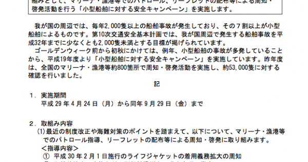 次の記事: 小型船舶に対する安全キャンペーンを実施されます。